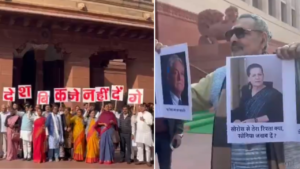 Read more about the article ‘Sonia-Soros, Adani-Modi’: BJP, opposition MPs engage in poster battle outside Parliament; watch video