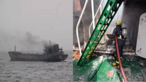 Read more about the article Major fire breaks out in Oman-bound vessel: INS Tabar answers distress call; crew rescued