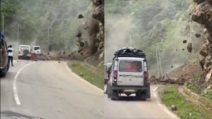 Read more about the article Watch: Commuters flee as rocks fall in Arunachal; border route blocked by landslide